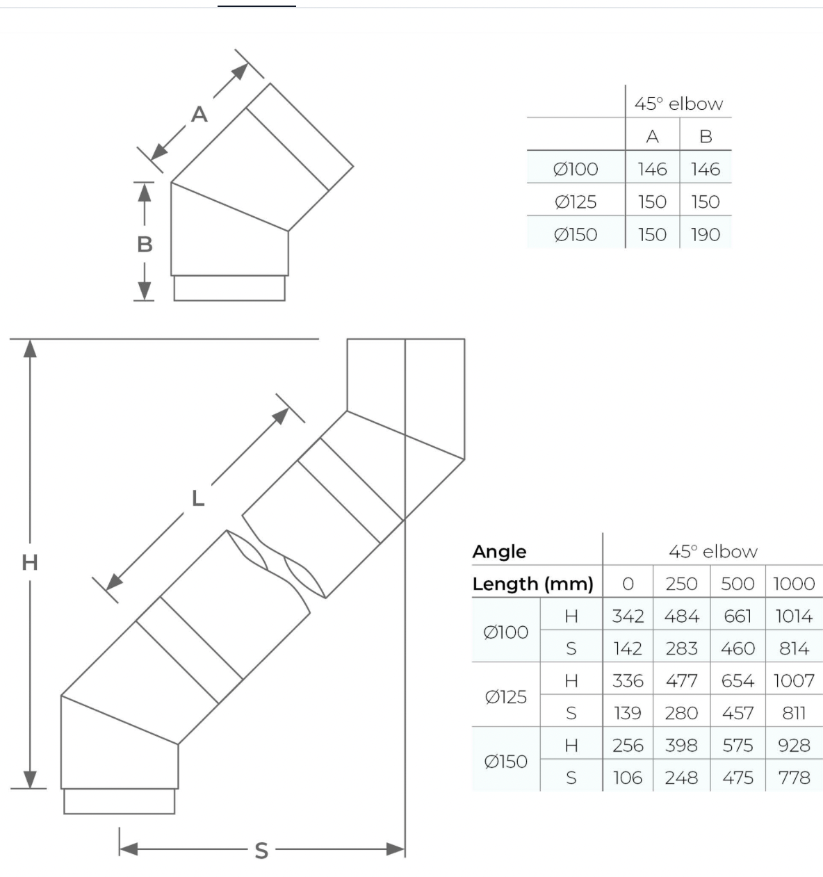 VIT-Smooth - Smooth 45°/135° Elbow - Ø125mm